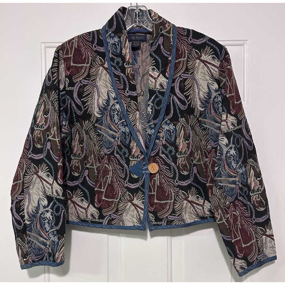 Life Style Vintage Horse Stallion Tapestry Blazer Woven Blanket  Jacket Size M